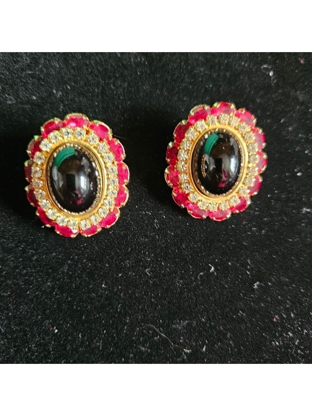 Vintage MMA Crystal & Black Cabachon Earrings. Pierced